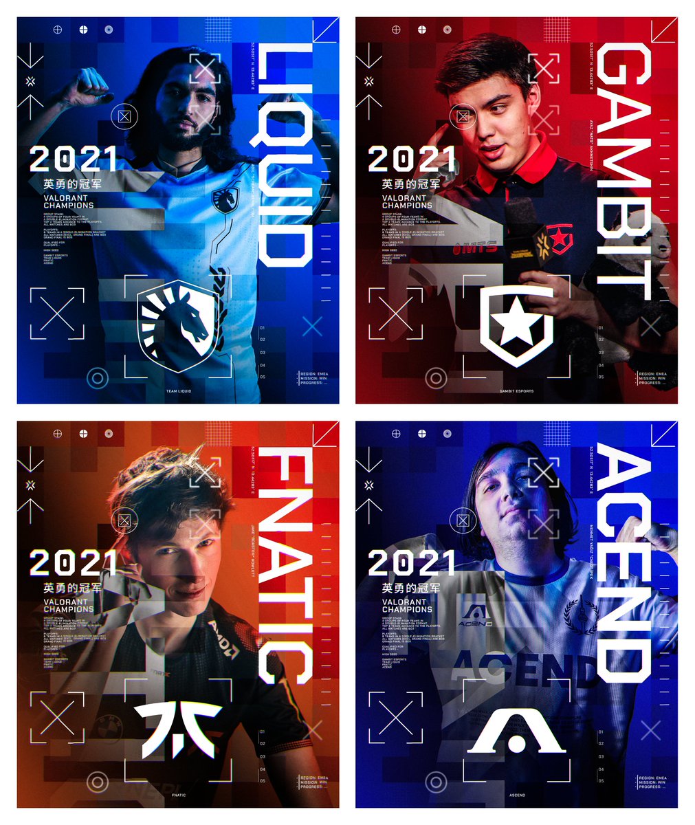 IgniteCreates's tweet photo. Playoffs Team Posters // @ValorantEsports x @ValEsports_EU

The four horsemen of EMEA made it to playoffs!

Liquid ✅
Gambit ✅
FNATIC ✅
Acend ✅

#VALORANTChampions #LetsGoEU https://t.co/OhxsnZeGeH