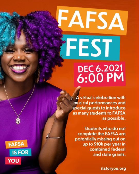 MrKingGLHS's tweet photo. Join us online at 6pm this evening for #FAFSAFest - a virtual celebration w/ live performances, special guests, prizes and real stories from students to help guide you through FAFSA (Free Application for Federal Student Aid)
Visit https://t.co/DrGKjQdszJ to join us live on at 6p https://t.co/crwxflfxe0