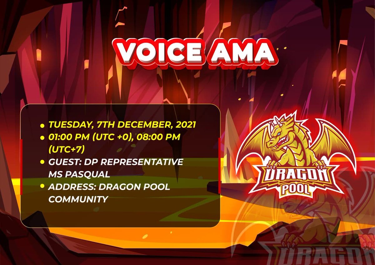 dragonpool_game's tweet photo. VOICE AMA: DRAGON POOL
Time: 20:00-21:00, December 7, 2021
Location: https://t.co/5ecwP3sl5G
Guest: Ms Pasqual - Dragon Pool's representative
Ms. Pasqual will give in-depth information about the Dragon Pool project, and the game's latest developments in the near future. https://t.co/XeaCAIgox1