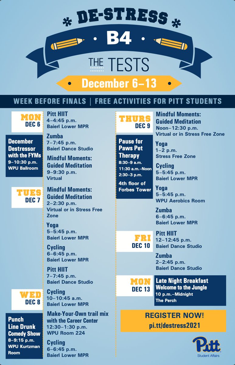 PittSutherland's tweet photo. Break a sweat, find your inner self - the activities are endless at De-Stress December! Take advantage of all these pre-finals activities with your friends! https://t.co/Vz0DvkzsLS