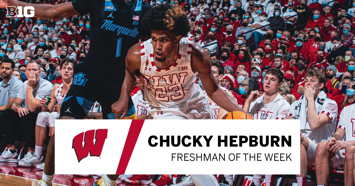 B1GMBBall's tweet photo. 🚨 Weekly Awards Alert 🚨 
 
Chucky Hepburn of @BadgerMBB is the #B1G Freshman of the Week!

🏀 Averaged 11.0 points, 4.5 assists, 2.0 steals, 1.5 rebounds and 0.5 blocks in two Wisconsin wins
🏀 Went 6-of-14 from the field across the two wins

🗞️ https://t.co/LFHKHbrS9j https://t.co/K8CLK8GBsp