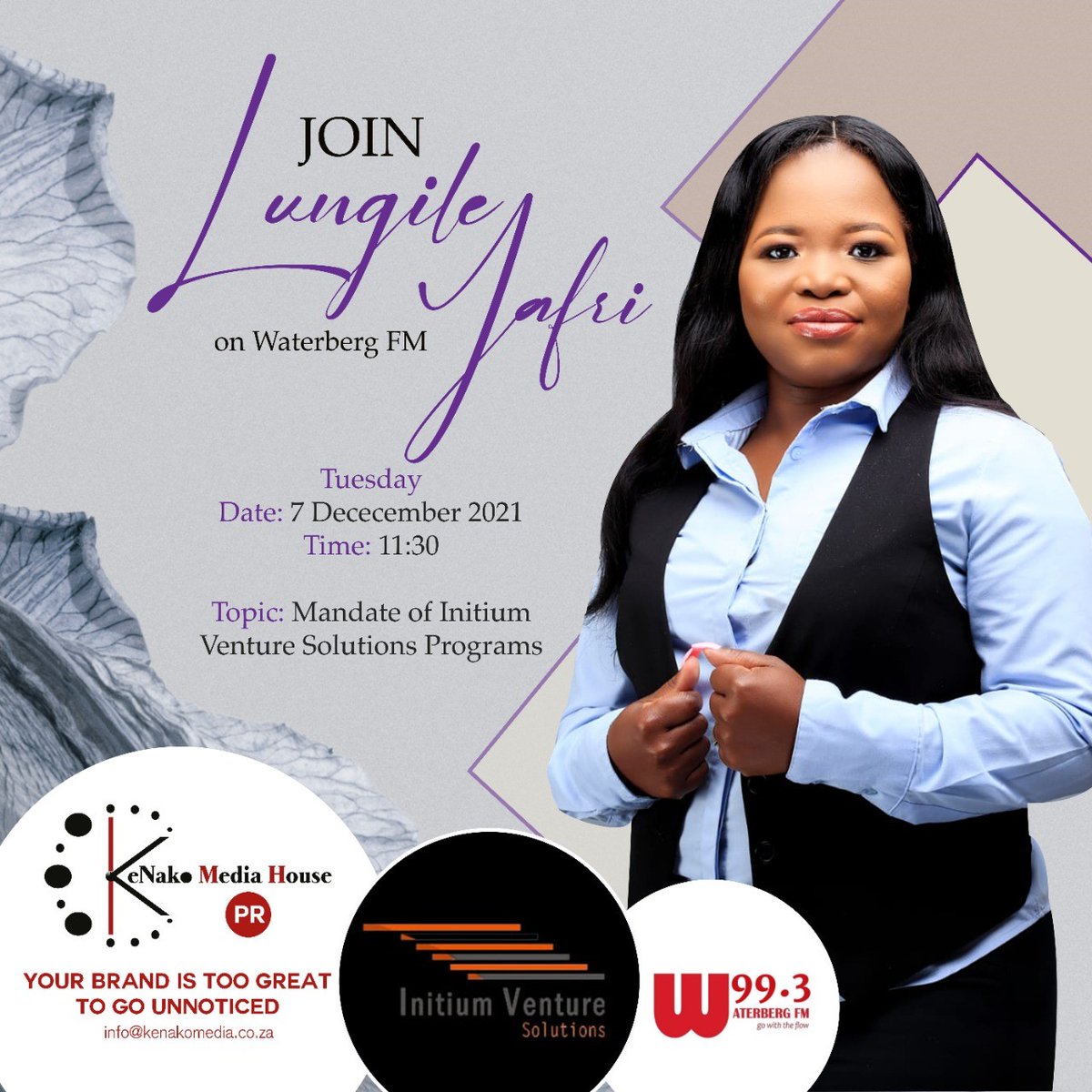 Tune in to <a href="/WaterbergFM/">Waterberg FM</a> at 11:30 on 07/12/2021! Our MD @Lungileprue  will be discussing the mandate of <a href="/InitiumVenture/">Initium Venture Solutions</a>  Programs.  @weaterbe #learning #Disabilityawarenessmonth #skilldevelopment #empoweringyoungminds #Empowerment <a href="/Maria01734553/">Zara</a> @KenakoLtd