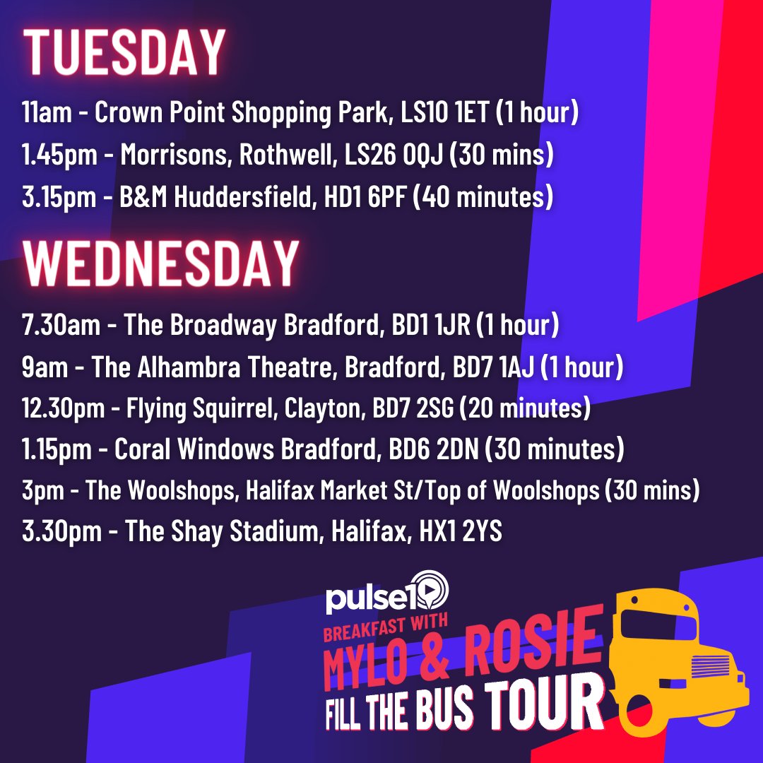 HitsWYorksNews's tweet photo. So @dannymylo & @rosiemadison hit the road tomorrow for their #FillTheBusTour! 🚌
Join them on the route with your gift for #MissionChristmas @cashforkidsYLND 👇
*times may change as Mylo & Rosie have never driven a bus before and never as reindeers🤣 https://t.co/JvmlVftGQO
