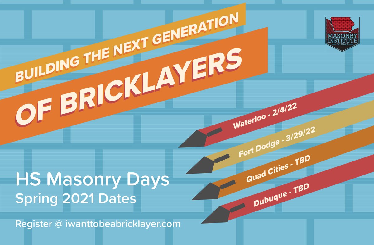 BricklayerIA's tweet photo. We have two spring HS Masonry Days to announce - Waterloo on February 4 and Ft. Dodge on March 29. To RSVP go to https://t.co/OZvMCs011t. To learn more about our HS Masonry Days, go to https://t.co/dJQEXRXQRm. https://t.co/vfaa0scbx2
