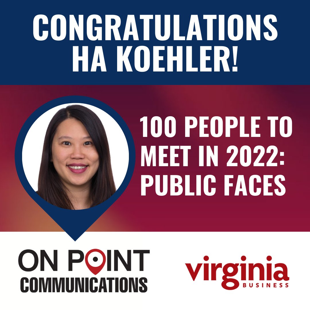 Congratulations to Ha Koehler, our very own managing partner, for being named one of the 100 People to Meet in 2022 by <a href="/VirginiaBiz/">Virginia Business</a>. Read more: bit.ly/3rEhOVM