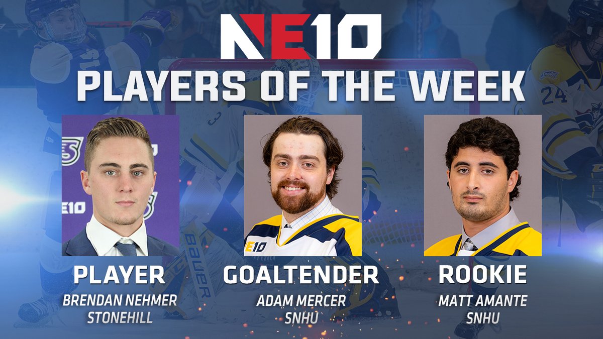TheNortheast10's tweet photo. 𝐈𝐂𝐄 𝐇𝐎𝐂𝐊𝐄𝐘 𝐑𝐄𝐏𝐎𝐑𝐓 - 𝐖𝐄𝐄𝐊 𝟔

Pair of @snhupenmen players recognized with NE10 awards this week, while a six-point game from @GoStonehill Brendan Nehmer earns him Player of the Week honors! 🏒

🔗: https://t.co/M7ar7zDjZd

#NE10EMBRACE #NCAAD2 https://t.co/HkJ0EiUgID