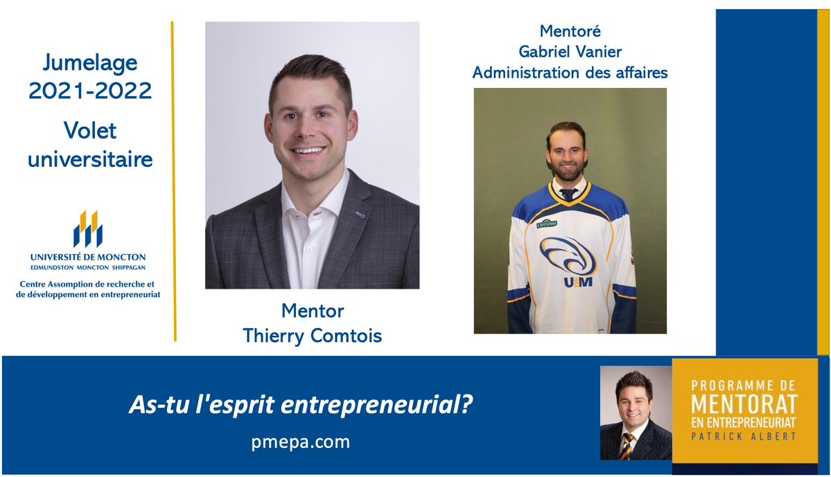 Le CARDE est fier d'annoncer le jumelage mentor-mentoré entre <a href="/ThierryC19/">Thierry Comtois</a>, mentoré lors de la 1ère édition du PMEPA et Vice-Président Acquisition et Développement chez Quest Capital et Gabriel Vanier, membre des <a href="/aigles_hockey/">Aigles Bleus - Hockey Masculin</a>. 

Bonnes discussions!