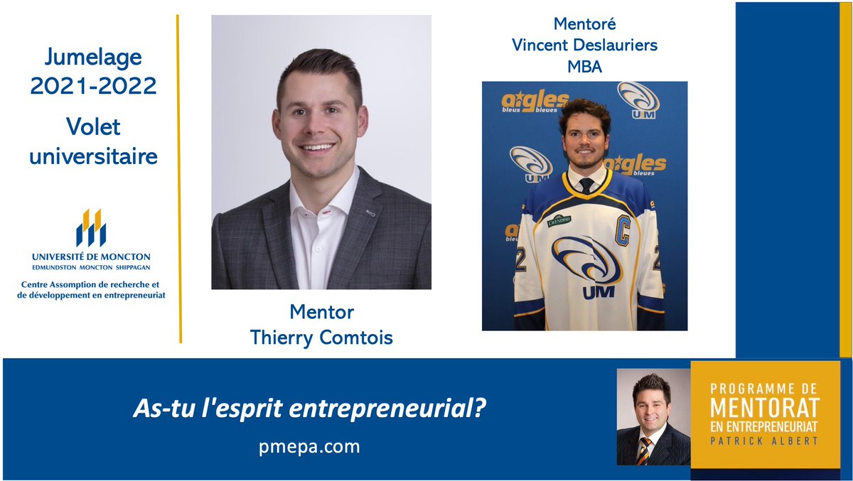 Un dernier jumelage pour cette 7e édition du Programme de mentorat en entrepreneuriat Patrick Albert. Le CARDE a le plaisir de vous présenter Thierry Comtois de Quest Capital et Vincent Deslauriers, capitaine des <a href="/aigles_hockey/">Aigles Bleus - Hockey Masculin</a> 

Bonnes discussions!