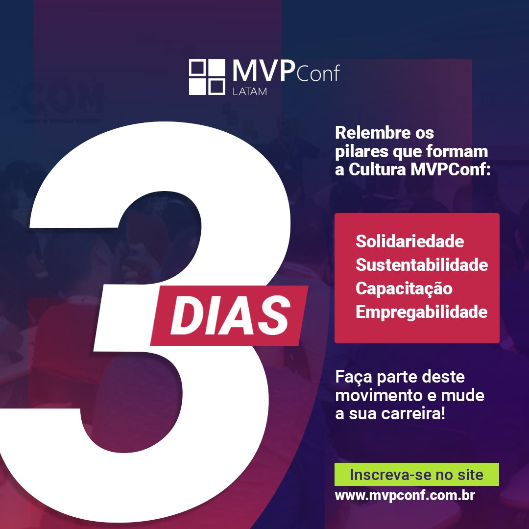 FALTAM 3 DIAS PARA O MVPConf 2021 💥

Se você ainda não garantiu seu ingresso, corre que ainda dá tempo 👊

Venha aprender com os melhores especialistas em tecnologia do mundo 😃

Esperamos por você 🤝

👉 mvpconf.com.br