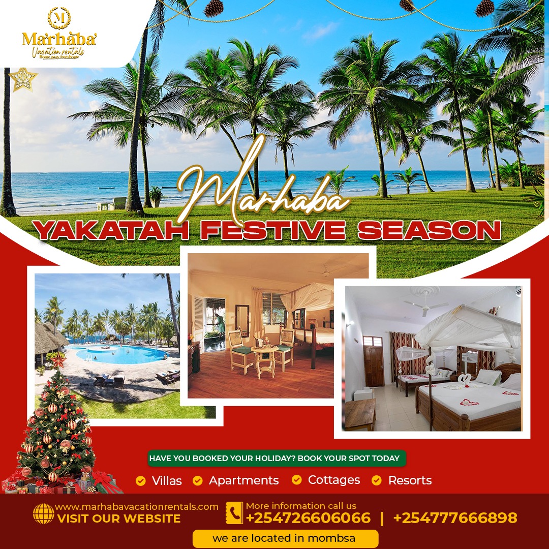 The Festive Season is here... Have you booked your stay at the Coast? <a href="/MarhabaRentals/">Marhaba Vacation Rentals</a> the one stop search engine for Villas, Cottages, Apartments and Resorts. Contact +254726606066 #marhabaKenya #5200 #0010110 #, resorts #yakatah