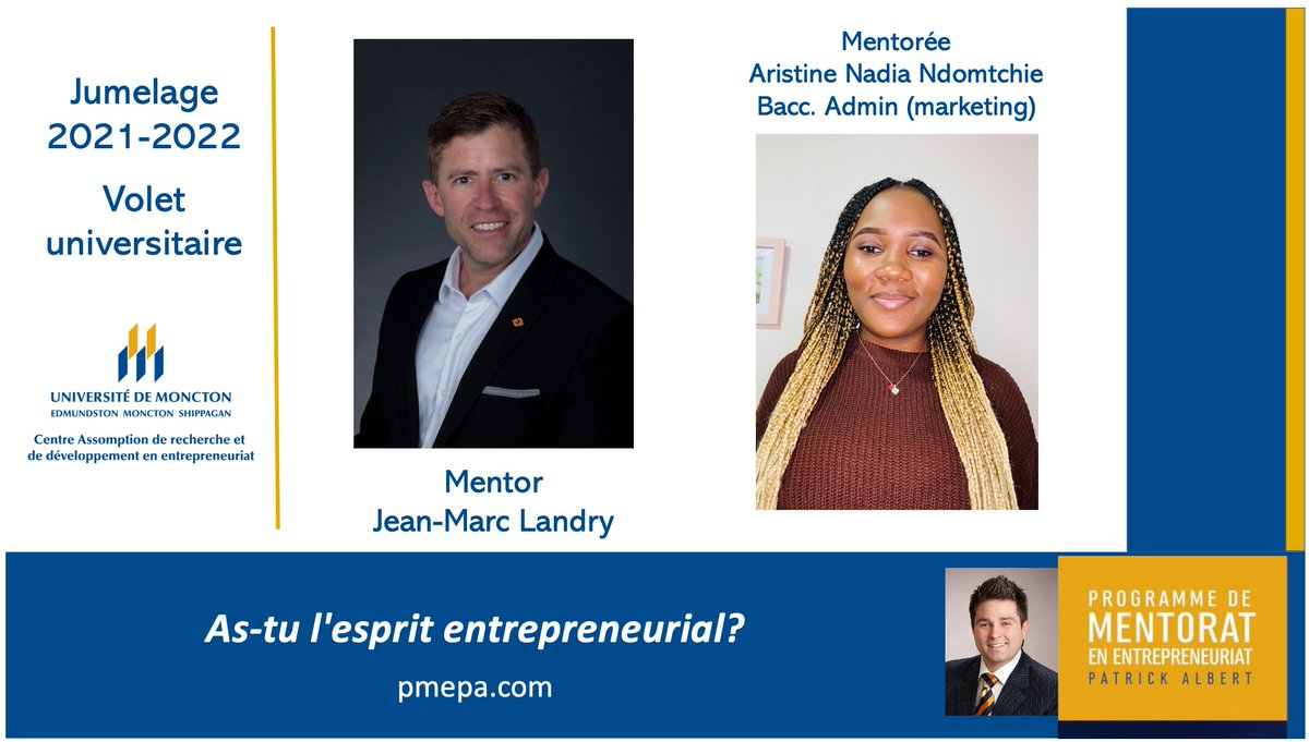 Un 14e jumelage mentor-mentoré pour cette 7e édition du Programme de mentorat en entrepreneuriat Patrick Albert : Jean-Marc Landry, chef de l'expérience client chez <a href="/Energie_NB/">Energie _NB</a> et Aristine Nadia Ntomdchie. 

Bonnes discussions!