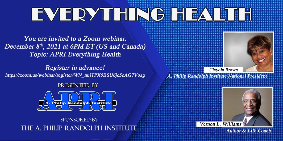 This Wednesday is the last installment to our Everything Health Webinar series for 2021!! Our special guest will be Vernon L. Williams, author & life coach, and hosted by Pres. Brown! We look forward to seeing you all Wed! Register now! zoom.us/webinar/regist…