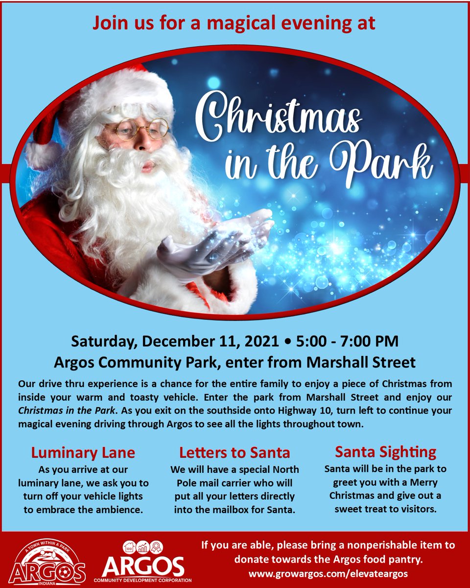 TownOfArgosIN's tweet photo. Get that Christmas Small Town Feel in Argos this weekend. Sat., Dec 11 from 5 - 7 PM

#SantaClauseIsComingToTown #ChristmasInThePark #ChristmasLights #ChristmasCheer #SmallTownFeel #ArgosPerks #UniquelyArgos #HighQualityLiving #WeAreArgos https://t.co/idWU3L4jUu