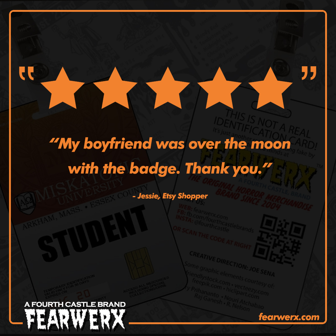 Thanks Jessie for the awesome review on our Miskatonic ID Badge!

#Miskatonic#arkham#lovecraft#horror#horrormerch#gift#gag#cosplay#prop#accessory#chirstmas#halloween#shopping#holiday#review#5star