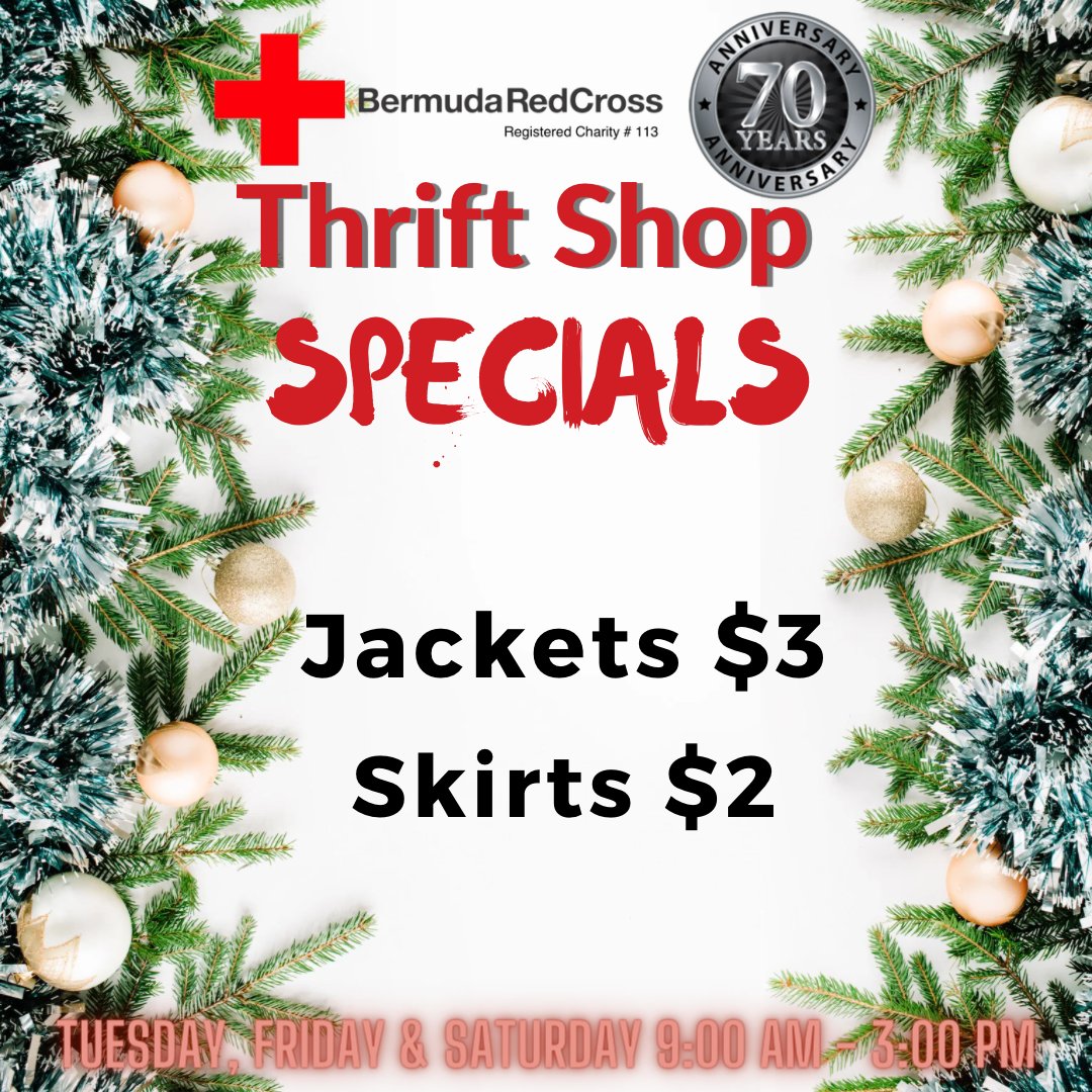 This weeks #Thriftshop #specials 

We are open Tuesday, Friday and Saturday 9:00 - 3:00 

#Bermudaredcross  #greatbargins  #humanitarian #servicetocommunity #nonprofit  #Humanity #Impartiality #Neutrality #Independence  #VoluntaryService #Unity #Universality #Philanthropy