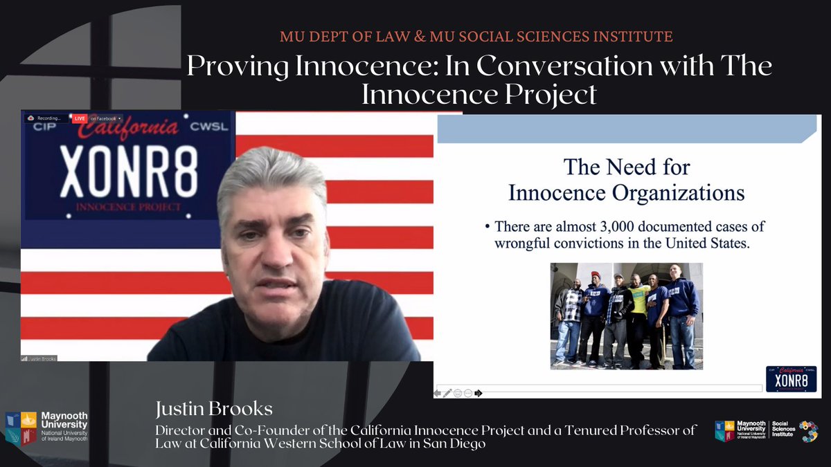 We now honored to have  <a href="/JustinoBrooks/">Justin Brooks</a> <a href="/IdahoInnocence/">IDInnocenceProject</a>  and <a href="/CA_Innocence/">CA Innocence Project</a> join us now for 'Proving Innocence: In Conversation with The Innocence Project' <a href="/MaynoothLaw/">MU School of Law & Criminology</a> <a href="/MaynoothUni/">Maynooth University</a> <a href="/MUCriminology/">MU Criminology Society 🔍</a> "4% of defendants sentenced to death are innocent" #CriminalJustice #InnocenceProject