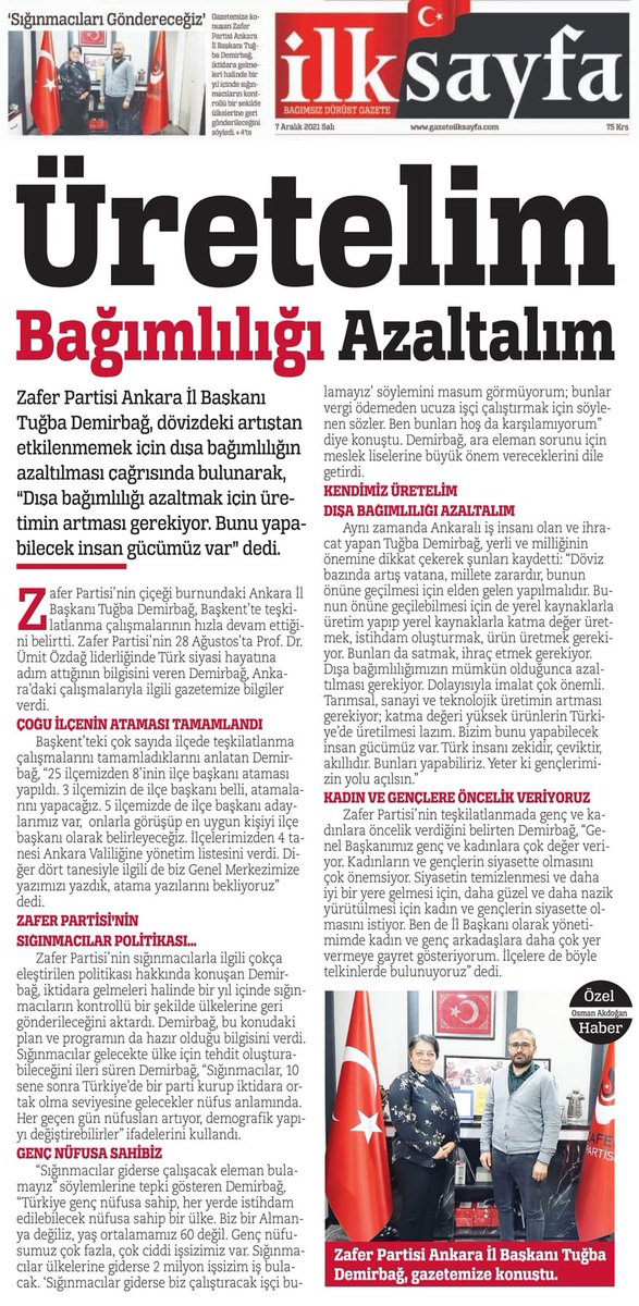 TugbaDemirbag's tweet photo. Yakın zamanda kurulan Zafer Partisi Ankara İl Teşkilatımız, hakkında yapılan özel haberlerle Ankara Basınımızda ses getirmeye devam ediyor. Ankara Medyasına şahsım ve teşkilatımız adına teşekkür ediyorum. @gazeteilksayfa @1806osmann https://t.co/BTuIT3O3wc