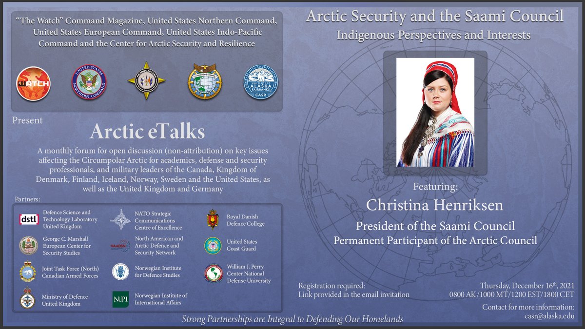 NAADSN_RDSNAA's tweet photo. The next Arctic eTalk will be Thurs, Dec 16th at 1200 EST 
@ChristinaHnrixn President of the @SaamiCouncil &amp; Permanent Participant of the @ArcticCouncil will discuss “Arctic Security &amp; the Saami Council: Indigenous Perspectives &amp; Interests" 
Register here: https://t.co/gCpaEDPSW4 https://t.co/KrNcOAGXy5