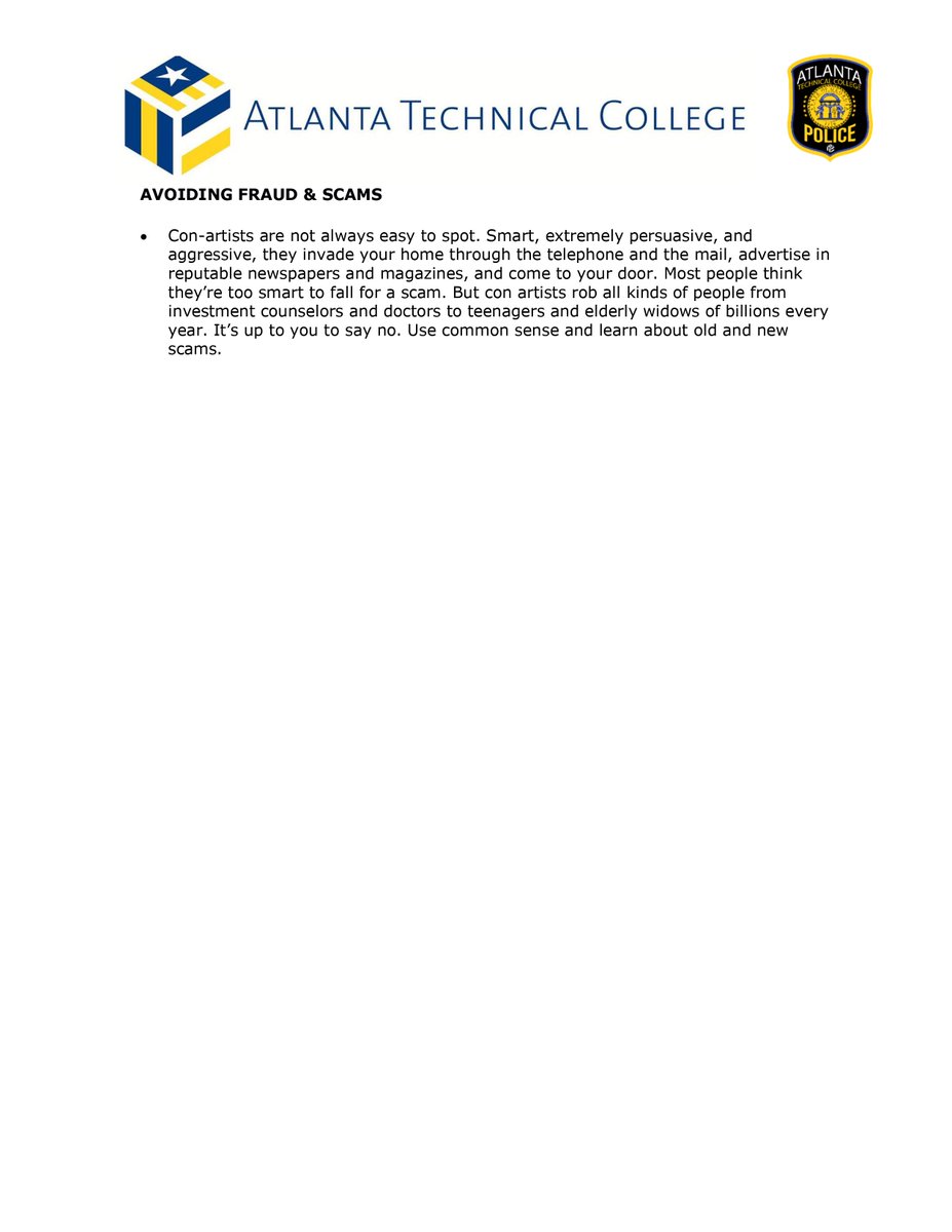 AtlTechCollege's tweet photo. As we enter the holiday season, Atlanta Technical College and Atlanta Technical College Police want to be sure you stay safe and secure.  Here are some safety tips to protect you and your loved ones!

  #ATCStrong #ATCAllStars https://t.co/fFtss1wJ7H