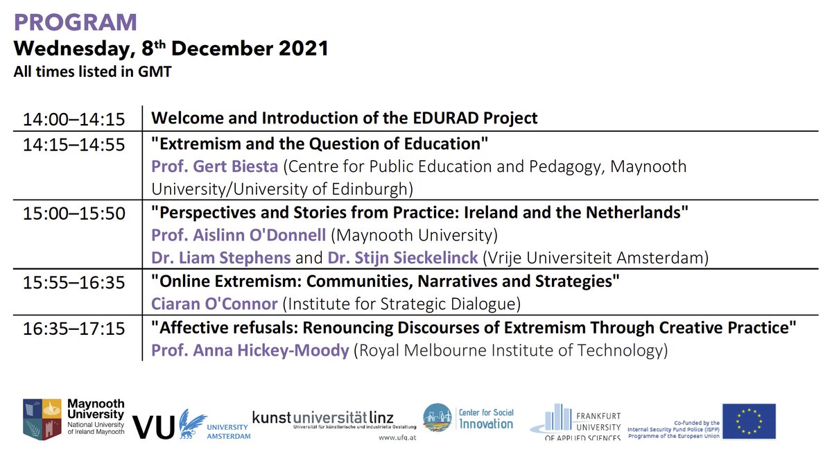 EDURAD (@edurad2021) on Twitter photo THIS WEDNESDAY, December 8th, EDURAD's Webinar "Extremism and Education" featuring <a href="/annahm/">prof. dr. anna hickey-moody</a> <a href="/ciaranoconnor/">Ciarán O'Connor</a> <a href="/aislinnodonnell/">Aislinn O'Donnell</a>
Pre-Register here: zoom.us/webinar/regist… THIS WEDNESDAY, December 8th, EDURAD's Webinar "Extremism and Education" featuring <a href="/annahm/">prof. dr. anna hickey-moody</a> <a href="/ciaranoconnor/">Ciarán O'Connor</a> <a href="/aislinnodonnell/">Aislinn O'Donnell</a>
Pre-Register here: zoom.us/webinar/regist…