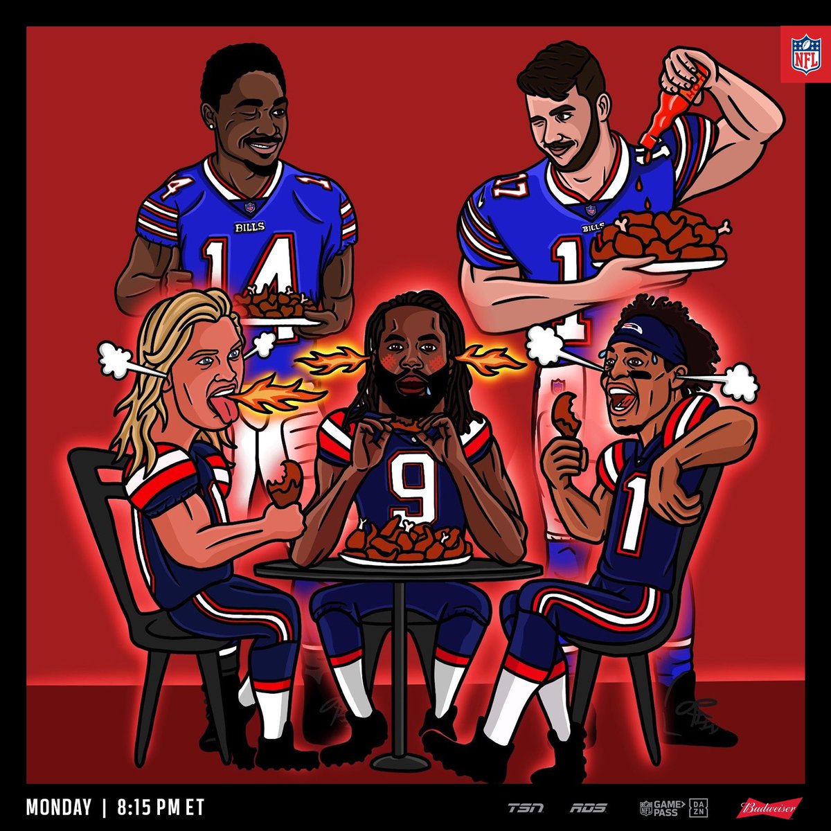 NFLCanada's tweet photo. Things are getting 𝘴𝘱𝘪𝘤𝘺 tonight. 👀 Who ya got in this one? 🔥 #BudGameTime https://t.co/ydM5xljigF