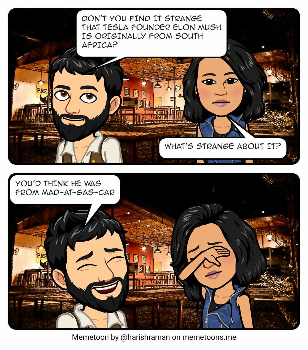 Memetoons_app's tweet photo. Let's build on this comic: https://t.co/BvKiuJuIPo
@elonmusk
#Tesla #madagascar #car #memes #memesdaily #Memetoons https://t.co/8gnospDJFo