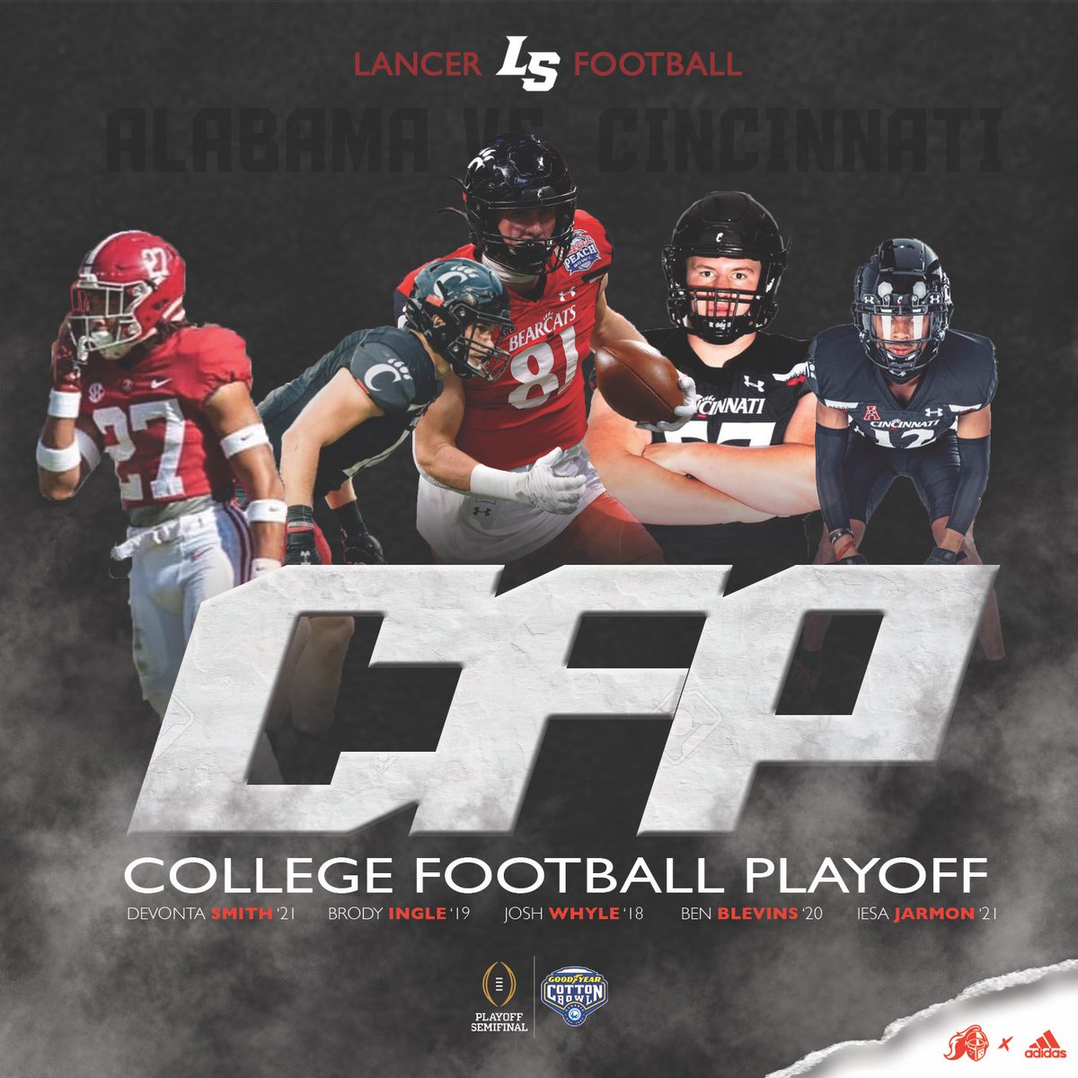 La Salle Football (@ls_lancerfb) on Twitter photo Lancer vs Lancer…..
Congratulations to former Lancers <a href="/JoshWhyle81/">Josh Whyle</a> <a href="/inglebrody/">Brody</a> <a href="/benblevins70/">Ben Blevins</a> & <a href="/iesa1k/">iesa jarmon</a> of <a href="/GoBearcatsFB/">Cincinnati Football</a> and <a href="/Prince_Tay_/">🥀Devonta Smith🥀</a> of <a href="/AlabamaFTBL/">Alabama Football</a> as they square off in the <a href="/CFBPlayoff/">College Football Playoff</a> in the <a href="/CottonBowlGame/">Goodyear Cotton Bowl Classic</a> for a chance at National Title.
Lancer Nation is proud! #LRD Lancer vs Lancer…..
Congratulations to former Lancers <a href="/JoshWhyle81/">Josh Whyle</a> <a href="/inglebrody/">Brody</a> <a href="/benblevins70/">Ben Blevins</a> & <a href="/iesa1k/">iesa jarmon</a> of <a href="/GoBearcatsFB/">Cincinnati Football</a> and <a href="/Prince_Tay_/">🥀Devonta Smith🥀</a> of <a href="/AlabamaFTBL/">Alabama Football</a> as they square off in the <a href="/CFBPlayoff/">College Football Playoff</a> in the <a href="/CottonBowlGame/">Goodyear Cotton Bowl Classic</a> for a chance at National Title.
Lancer Nation is proud! #LRD