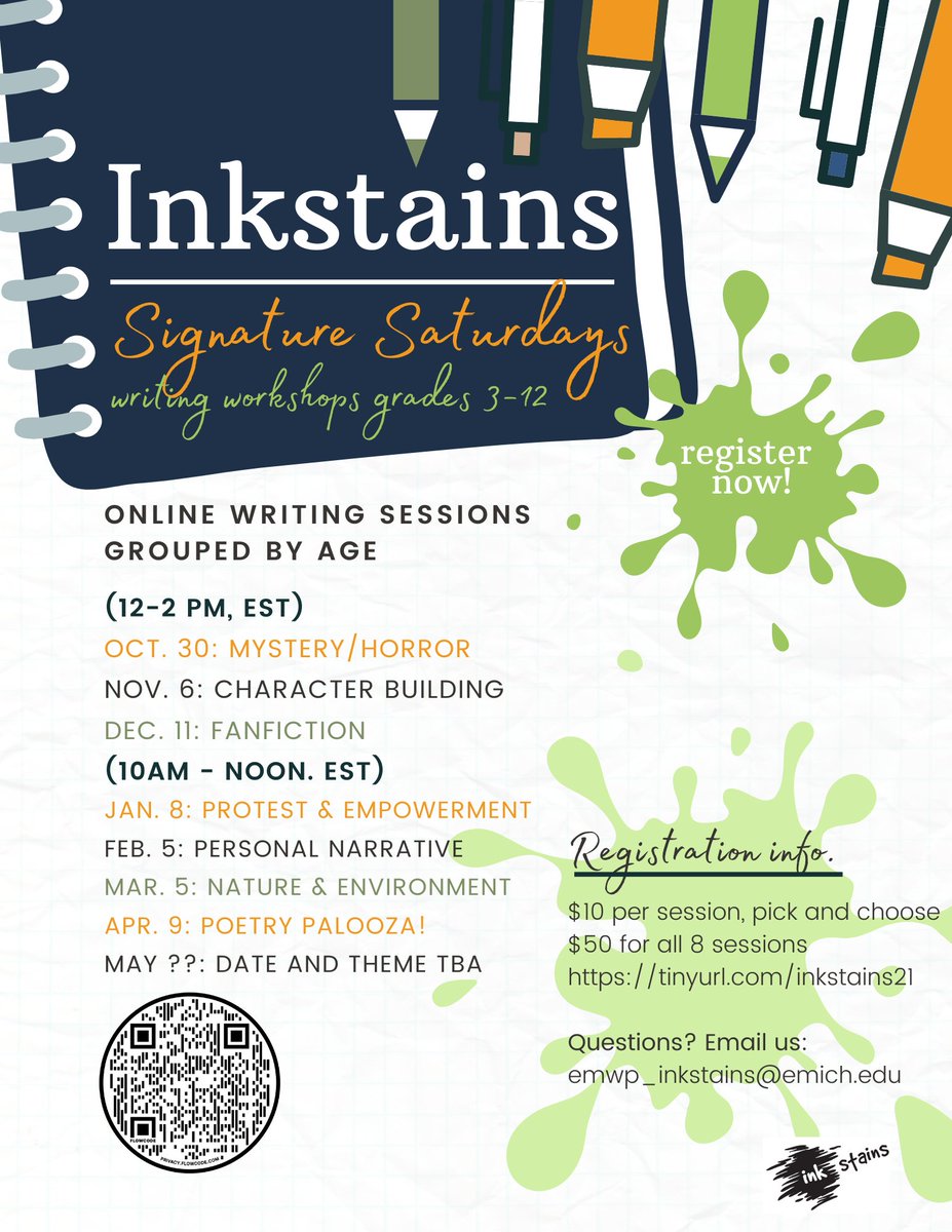 We're writing FAN FIC this Saturday, December 11th.
3rd-12th grades will be divided into age-appropriate breakout rooms for this virtual writing session. 1-3 p.m. EST
Register now at tinyurl.com/inkstains21 
Email: emwp_inkstains@emich.edu
#nwp <a href="/writingproject/">Writing Project</a>