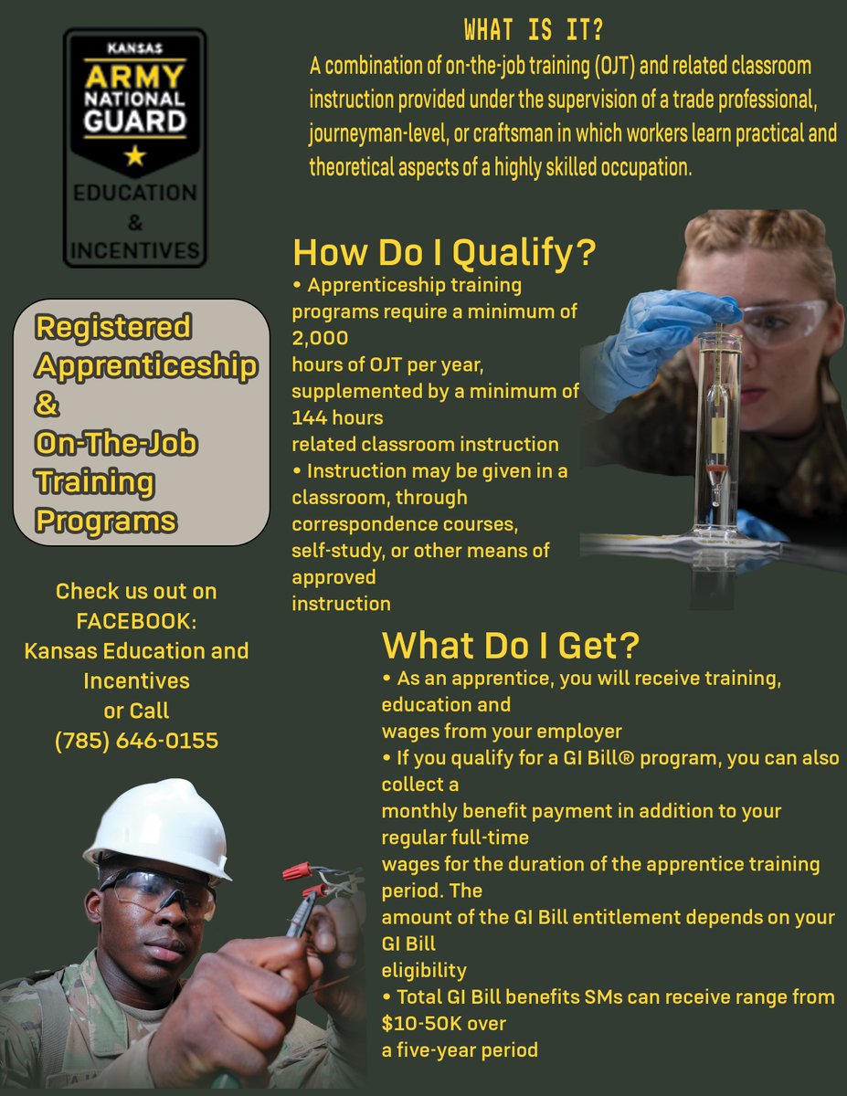 Learn as you train!
Check out the many apprenticeship and On-the-job training programs offered by the Kansas Army National Guard.
Find out how to use these programs to advance your future, today.
Contact your local recruiter or DM us for more info!
#education #KansasProud
