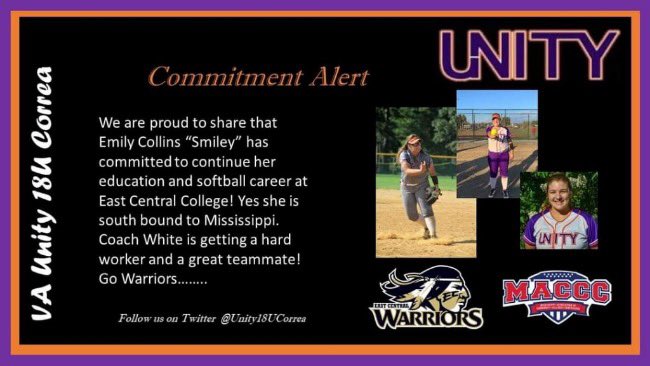 UnityBlackwell's tweet image. What an awesome Monday!  Very thankful and proud to announce Emily Collins decision to continue her education and softball career at East Central College in MS!  Congratulations Smiley!
#MSbound #Warriorproud @CoastRecruits @FieldLevel @VAUnityCorrea @VAUnitySB