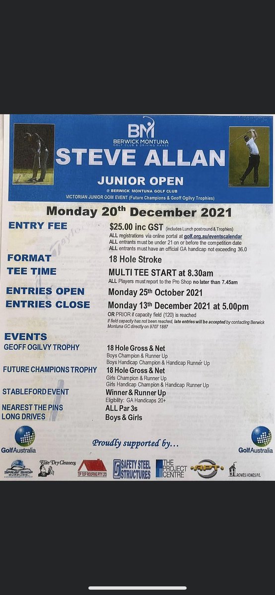 Aussie Friends….The Steve Allan Junior Open is back up and running again this year….This is the course I grew up on….It’s a fun course to play, short but tricky, great for kids!…If you have an up and coming golfer, give it a look!!