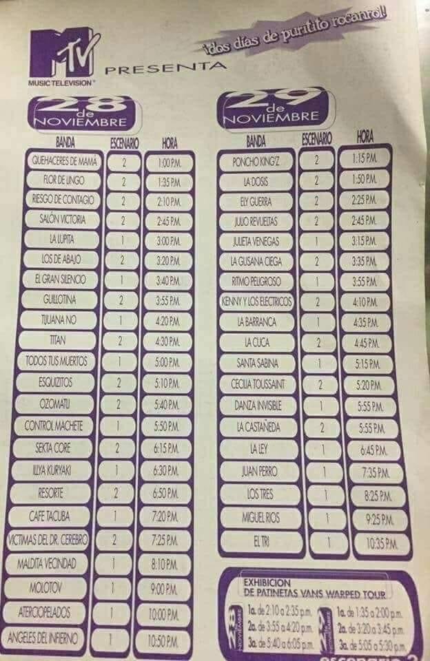 ivannieblas's tweet photo. Los horarios del primer Vive Latino hace 23 años (vía Los Esquizitos). 28 y 29 de Noviembre 1998. https://t.co/5O7DjUfgnQ
