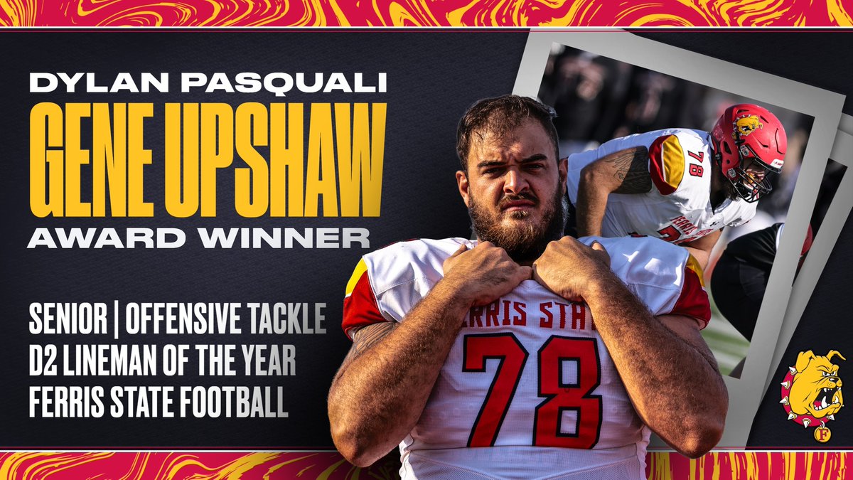 ferrisathletics's tweet photo. GENE UPSHAW D2 LINEMAN OF THE YEAR! Congrats to Ferris State Football's Dylan Pasquali on being named the 2021 recipient of the Gene Upshaw D2 Lineman of the Year Award! He's the second-straight Bulldog to claim the honor! https://t.co/ATnDvjMPwM https://t.co/K0wbmBVQmF