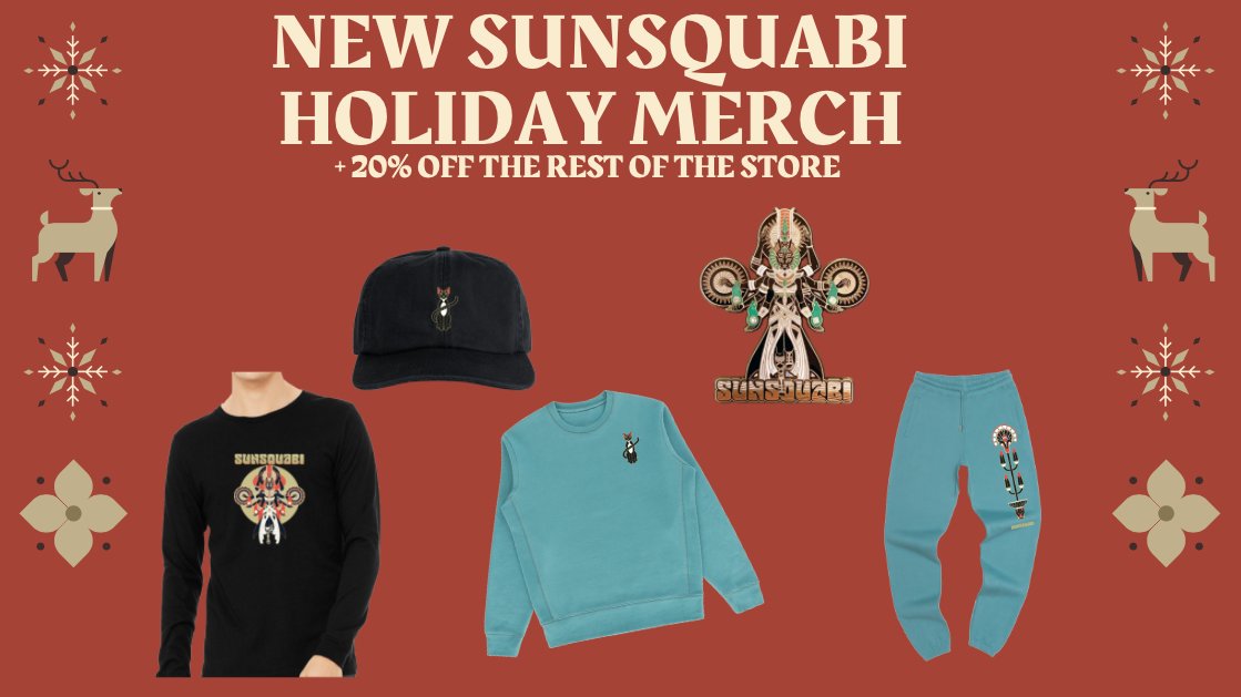 🎁🎉 Holiday Merch Drop!!! Here's your chance to snag some of our new gear for the holidays. We've got long sleeves, hats, crewnecks, sweats, and a limited edition pin. Also, the rest of the online shop is 20% off right now! 

Grab yours here --> bit.ly/SunSquabi_Store