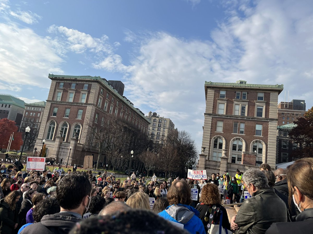 zoexwest's tweet photo. Columbia faculty rallying in solidarity with striking student workers — speaking out against the recent threats of retaliation against @SW_Columbia strikers #CUonStrike https://t.co/yAgKYtNDNR