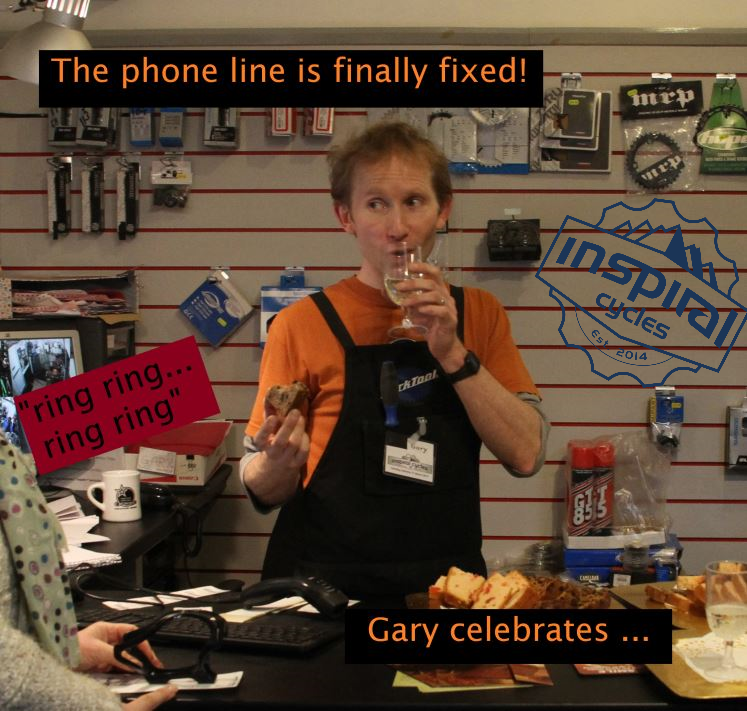 Inspiral_Cycles's tweet photo. #StormArwen broke Inspiral Cycles' phone line.
Pleased to announce our telephone is working again.
Just in time for #StormBarra.  Note: retro picture from shop's opening day in 2015 ... we don't think Gary has drunk champagne in shop since. https://t.co/FFBP8LVUBB