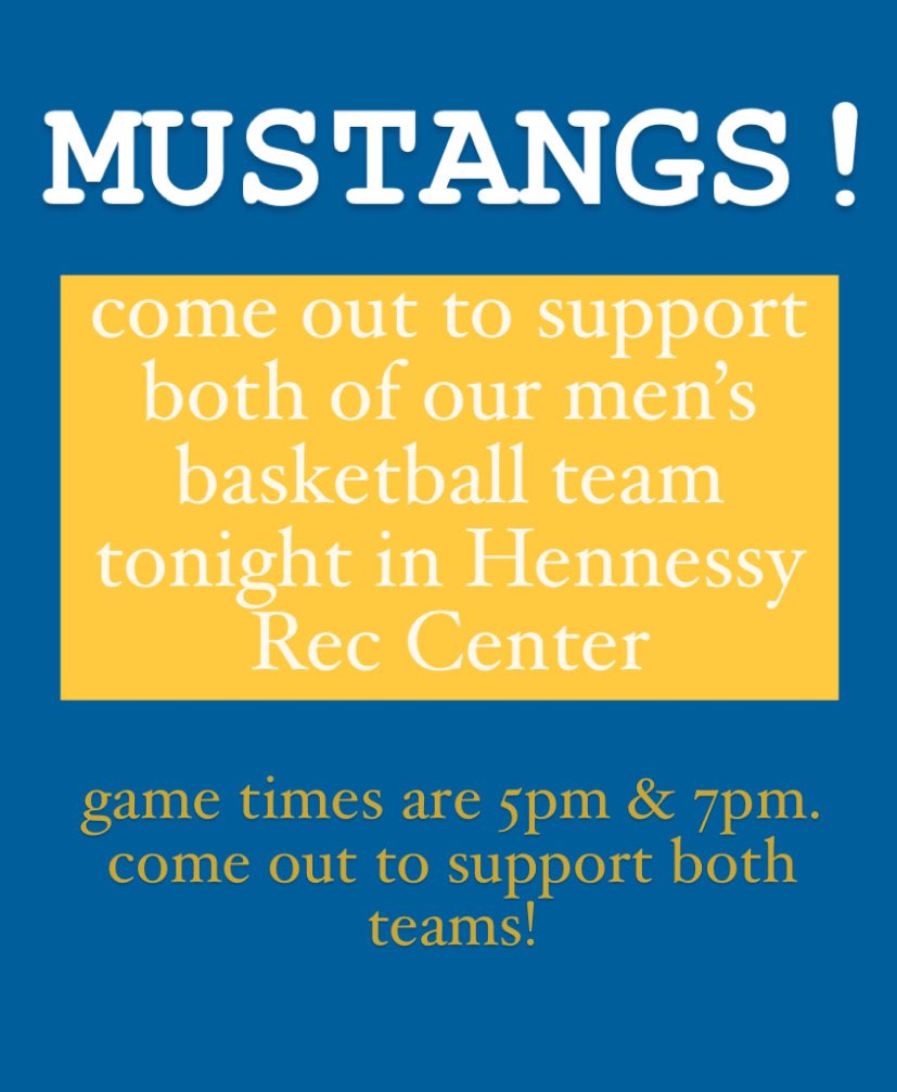 mmustanggang's tweet photo. MMU! Come out to support both of our men’s basketball teams tonight !! Game times are 5pm &amp; 7pm. See you there 💙💛🏀 @mmumbb https://t.co/IkNUa5iiBq