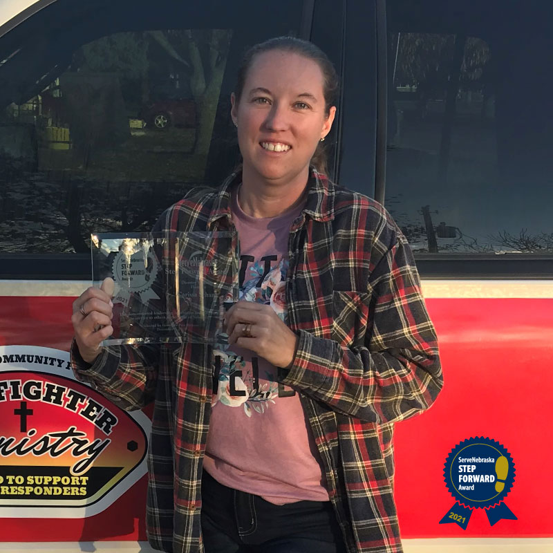ServeNE's tweet photo. The 2021 Disaster Volunteer Awardee for the #StepForwardAwards is Carissa Schank! Help us celebrate her at the Step Forward Awards this Thurs at 6 pm CST! https://t.co/2Ir2n9m0Cn https://t.co/jbJONQHHTb