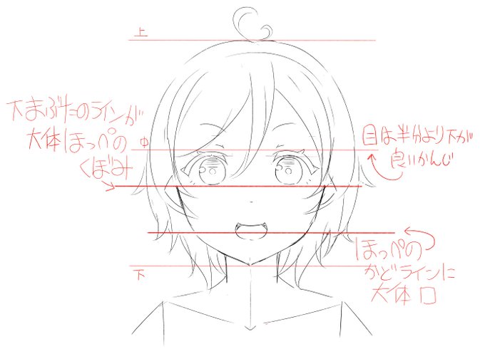 自分用メモを描いたのでここに残します。
目の位置に悩んだらほっぺのくぼみに下まぶたを合わせる、これを基本にして好みのバランスに調整していきたいですわぞ❤ 