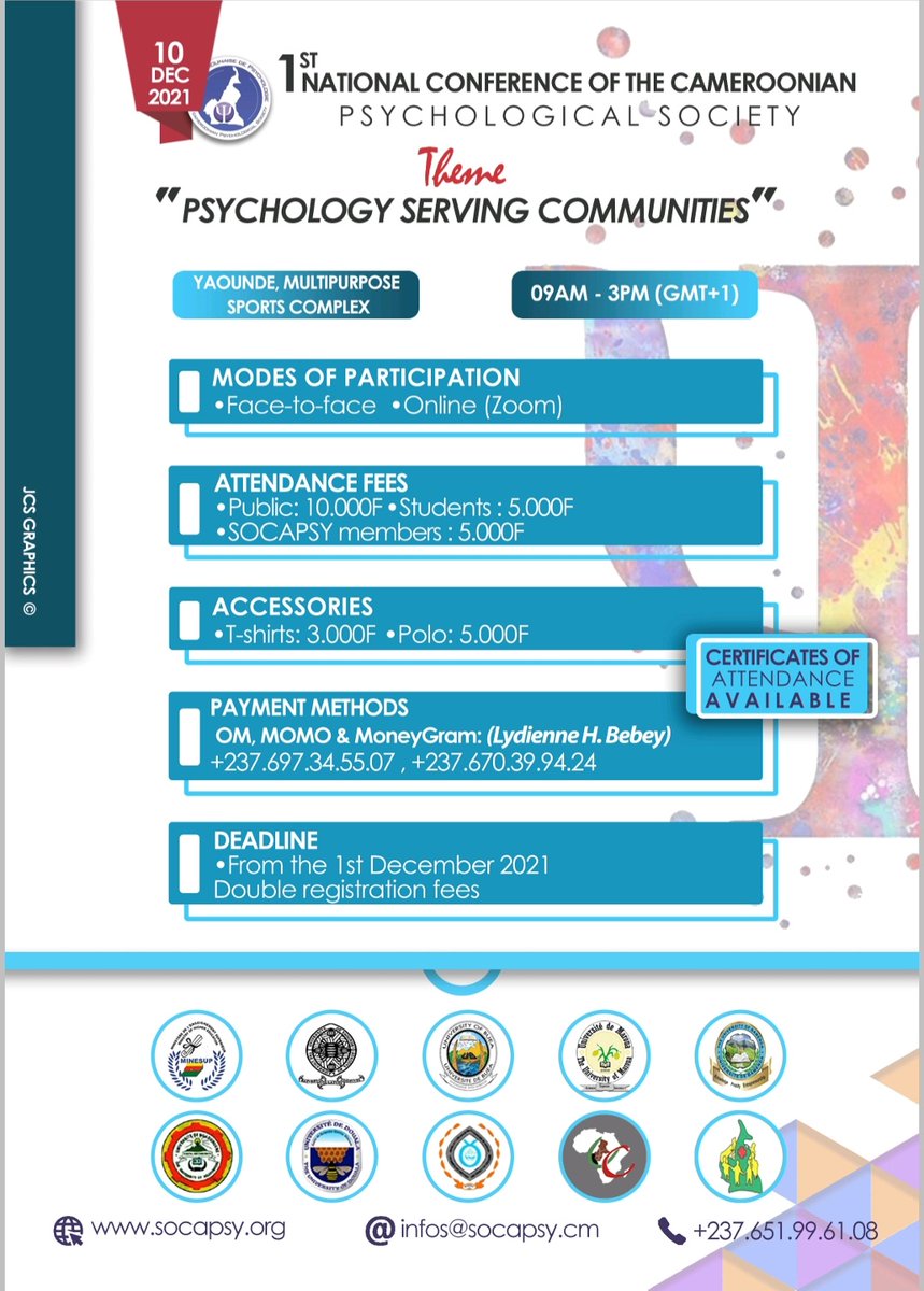 CameroonianPsy1's tweet photo. SAVE THE DATE!

10 December, at the Yaounde Multipurpose Sports Complex,
Check out the first ever National conference of the Cameroonian Psychological Society. 😊😇

Find below registration link 👇

https://t.co/jEL33fYpRt https://t.co/wXF7Yo6yeD