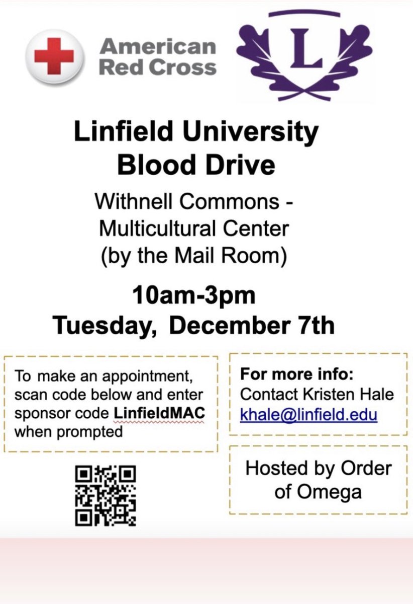 LinfieldUniv's tweet photo. If you are near the @McMinnvilleOR campus tomorrow, please consider heading over to our @RedCross blood drive. #GiveBlood #SaveALife https://t.co/5ciXs5O39a