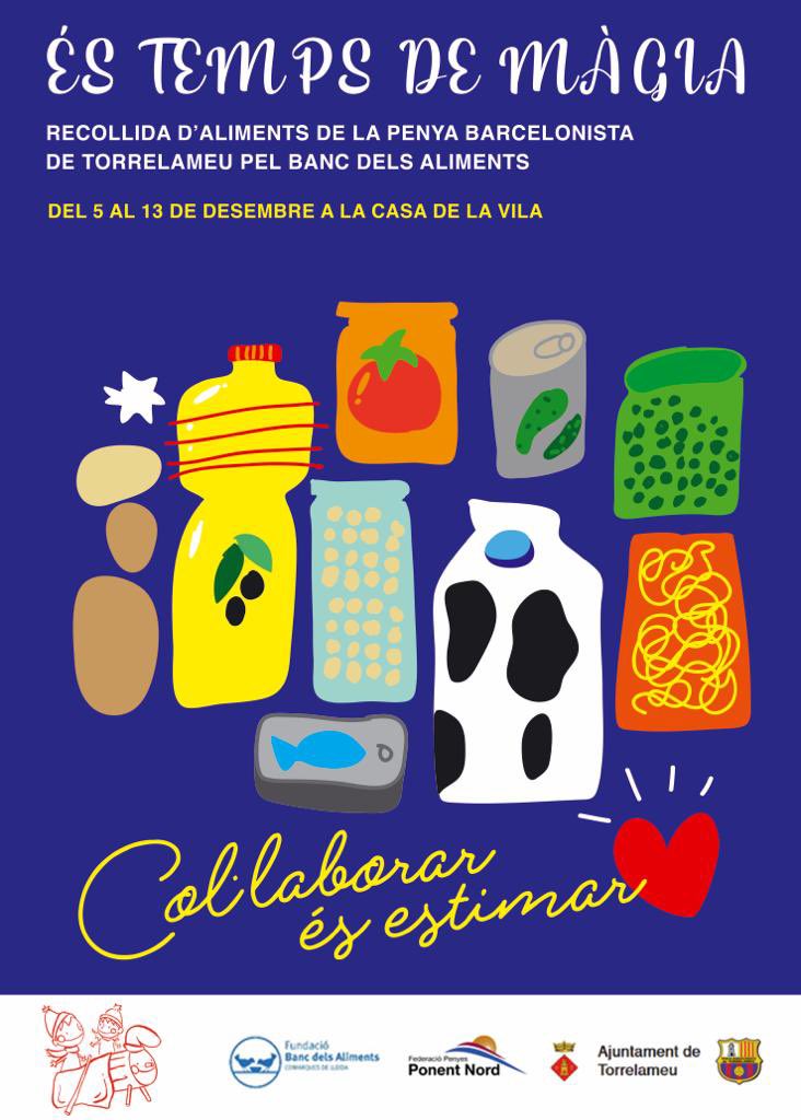 La Penya Barcelonista de Torrelameu recollirà aliments del dia 5 fins al 13 de desembre pel Banc dels Aliments.
Esperem que en siguin molts 🔵🔴
