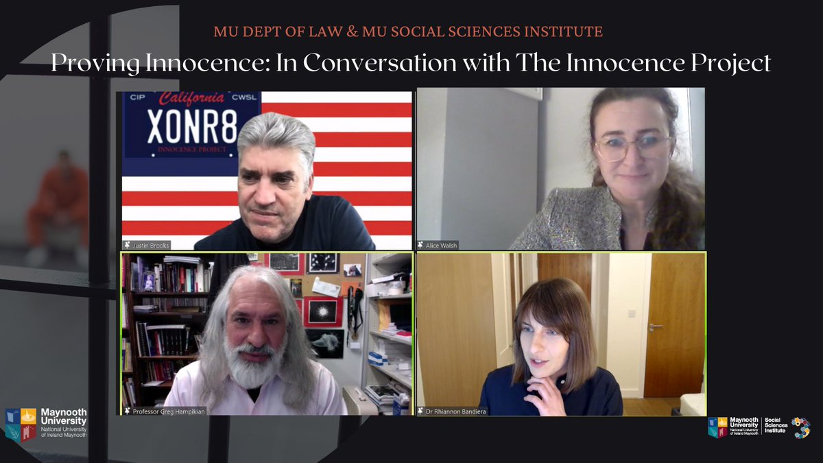 Our panel for todays Q&amp;A <a href="/JustinoBrooks/">Justin Brooks</a> <a href="/CA_Innocence/">CA Innocence Project</a> @Greghampikian <a href="/IdahoInnocence/">IDInnocenceProject</a> <a href="/RhiBandiera/">Rhiannon Bandiera</a> <a href="/MaynoothLaw/">MU School of Law & Criminology</a> <a href="/MUCriminology/">MU Criminology Society 🔍</a> @crimsec_MU 
you can watch back on the webinar here fb.watch/9K8VNN2c-O/