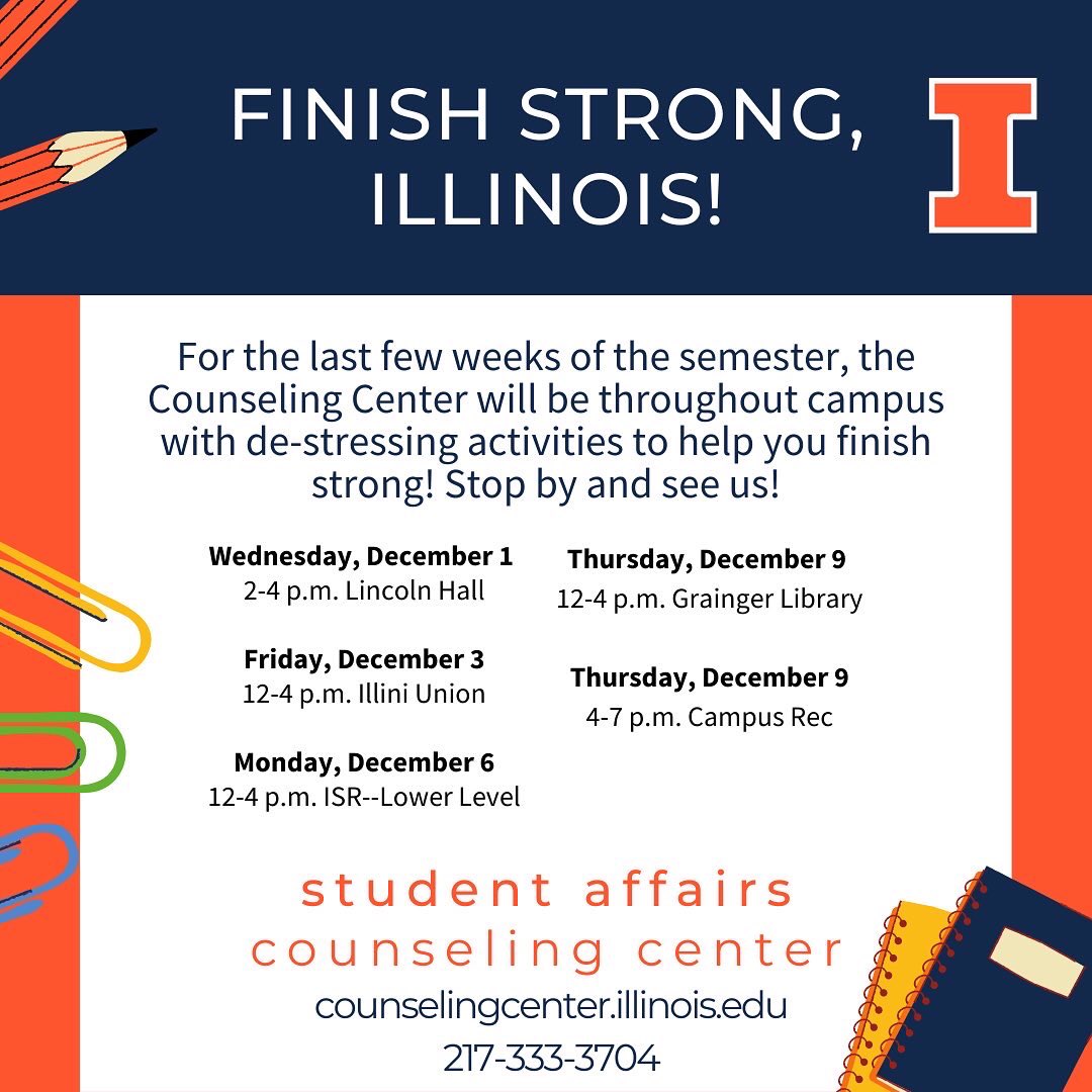 MHM Properties UIUC (@mhm_properties) on Twitter photo #RT <a href="/Illinois_Alma/">University of Illinois</a>: RT <a href="/IlliniCampusRec/">Illinois Campus Rec</a>: With Finals Week just around the corner 🔎 try some stress relieving activities being hosted all over campus! Keep pushing through and #FinishStrongIllinois 💪🏼 <a href="/UI_Counseling/">Counseling Center</a> #RT <a href="/Illinois_Alma/">University of Illinois</a>: RT <a href="/IlliniCampusRec/">Illinois Campus Rec</a>: With Finals Week just around the corner 🔎 try some stress relieving activities being hosted all over campus! Keep pushing through and #FinishStrongIllinois 💪🏼 <a href="/UI_Counseling/">Counseling Center</a>