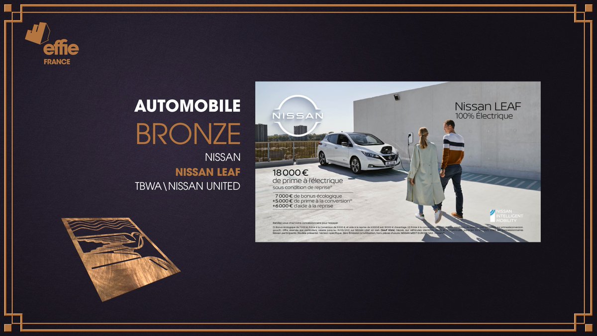 AACClive's tweet photo. Catégorie AUTOMOBILE | 🥉Effie BRONZE pour la campagne “Nissan Leaf” pour @nissanfrance par @TBWA_PARIS Nissan United #Effie2021 #EffieFrance https://t.co/YdDqirgs9W