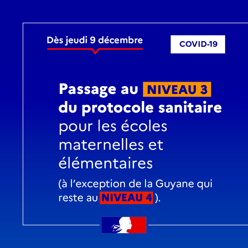 education_gouv's tweet photo. #COVID19 | Passage au niveau 3 du protocole sanitaire pour les écoles primaires à partir du jeudi 9 décembre.
Objectif : protéger tous les élèves et les personnels tout en préservant l'éducation pour tous.