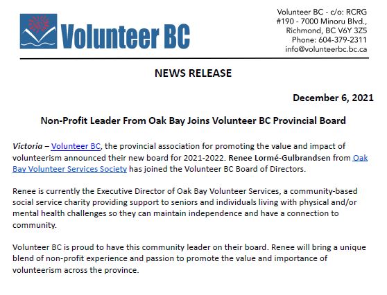 Oak Bay Volunteer Services (@oakbayvolunteer) on Twitter photo OBVS is excited to announce that Executive Director Renee has joined the <a href="/volunteerbc/">Volunteer BC</a> Provincial Board of Directors! OBVS is excited to announce that Executive Director Renee has joined the <a href="/volunteerbc/">Volunteer BC</a> Provincial Board of Directors!