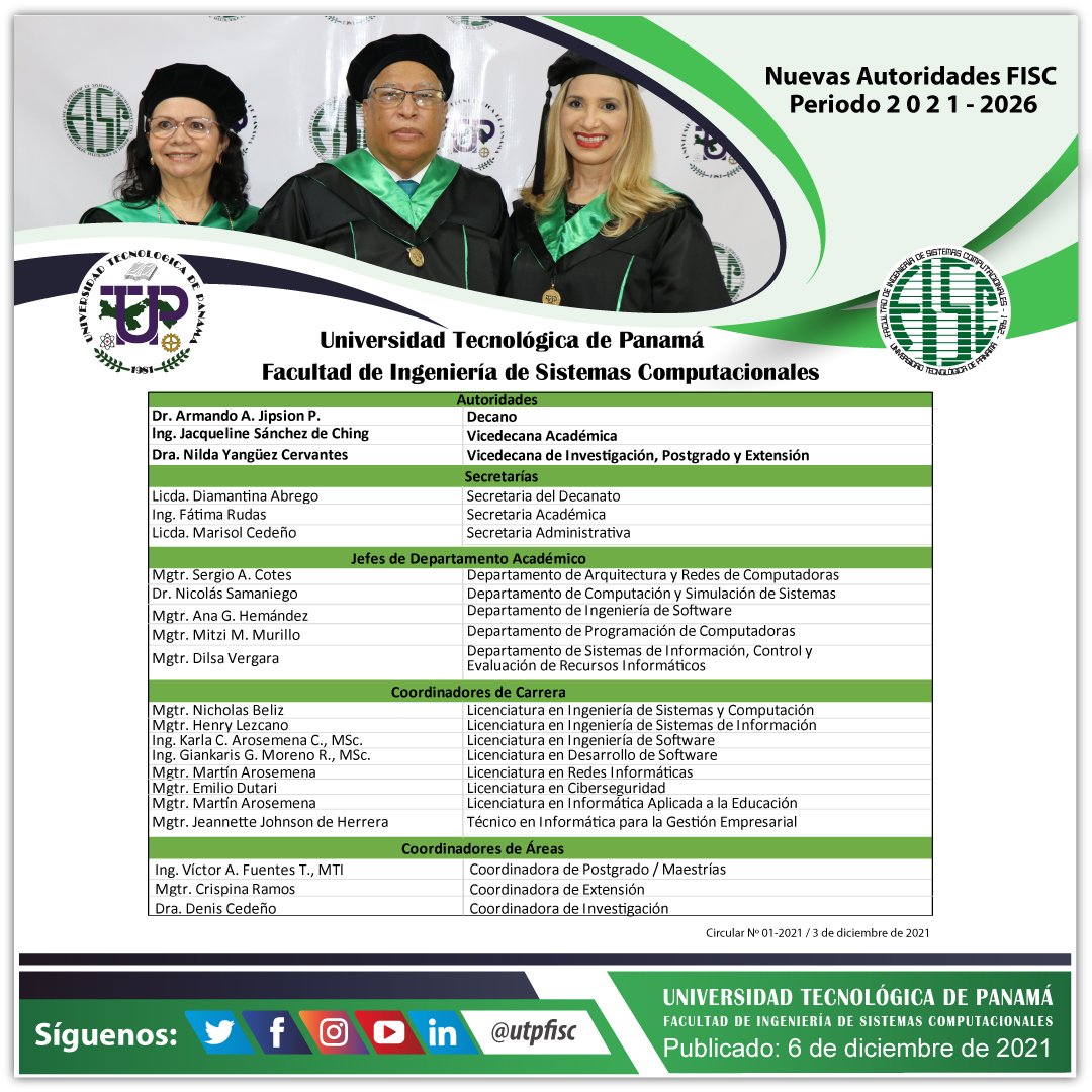 utpfisc's tweet image. Atención estudiantes de la FISC
A partir del 3 de diciembre han tomado posesión nuestras nuevas autoridades. 

¡Conoce a tu nuevo coordinador!

@utppanama
#VIDAFISC #UTP #UTPFISC #FISC21