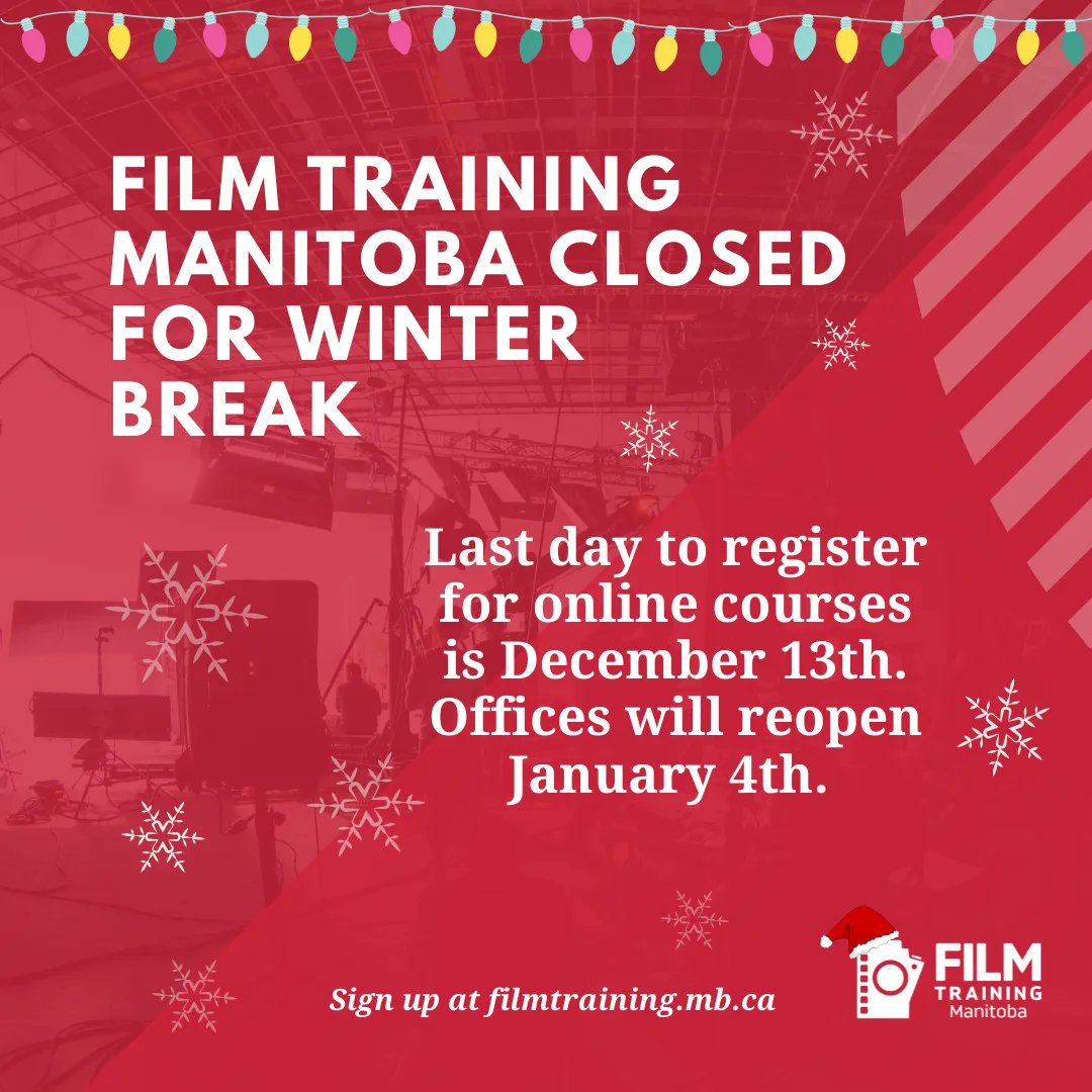 Film Training Manitoba will be closed for winter break from December 18 to January 4. If you are looking to take online courses during the break, we are taking registrations until December 13th. Find more info about online courses here: buff.ly/3rH7D32