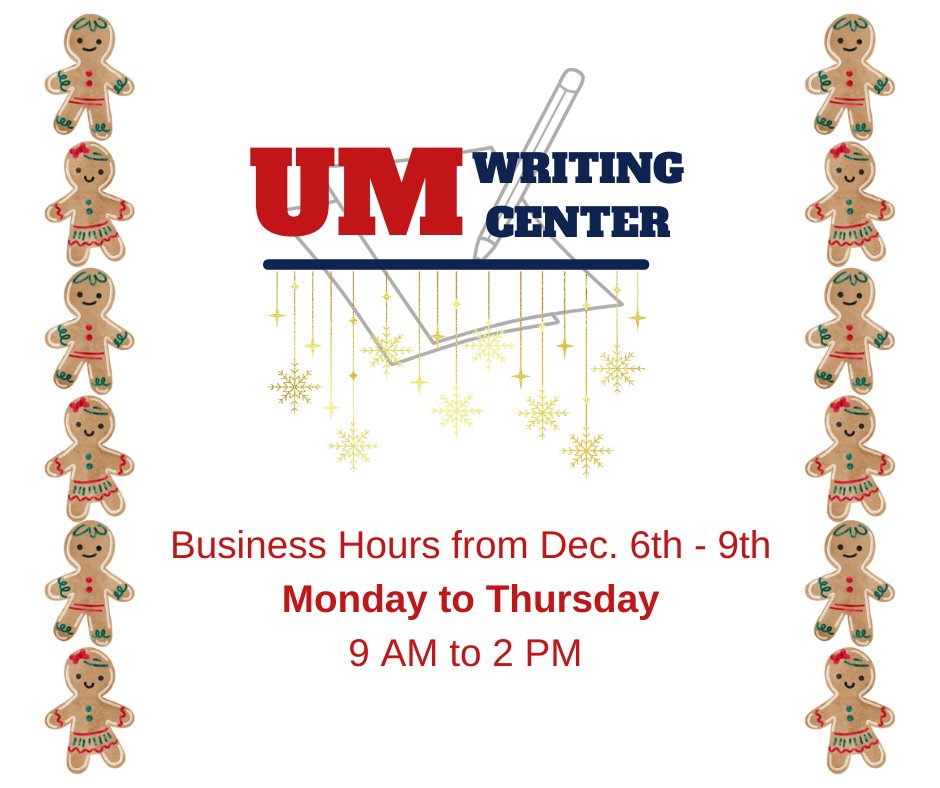 Hello, students! We are happy to inform you that the Tupelo Writing Center will be open during Exam Week! Good luck on exams and check out our holiday playlist listed in our bio! #umtupelo #tupelowritingcenter